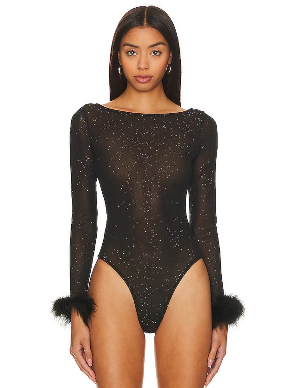 More To Come Revolve Fallon Black Glitter Feather Cuff Sheer Bodysuit XS NWT